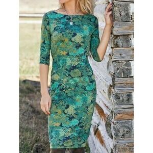 Peruvian Connection Pima Cotton Floral Sheath Dress Green Small Artsy Botanical